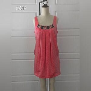 Coral Mini Sleeveless Dress with Embellished Neckline